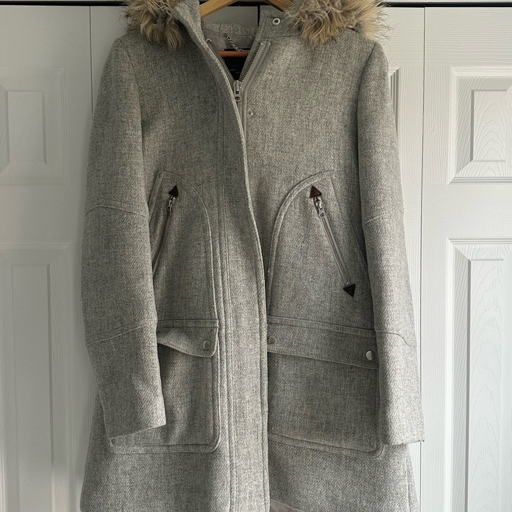 J. Crew Light Gray Stadium Coat with Faux Fur Hood